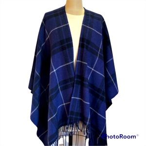 Cobalt blue plaid poncho. 50%yak 50%wool. EUC